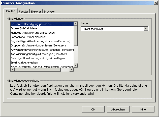 Dialogfeld "Launcher-Konfiguration" mit angezeigter Registerkarte "Benutzer"