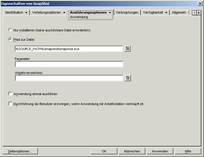 Anwendungsobjekt > Registerkarte "Ausfhrungsoptionen" > Seite "Anwendung"