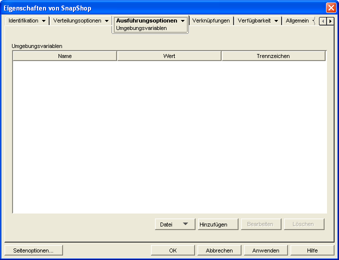 Anwendungsobjekt > Registerkarte "Ausfhrungsoptionen" > Seite "Umgebungsvariablen"