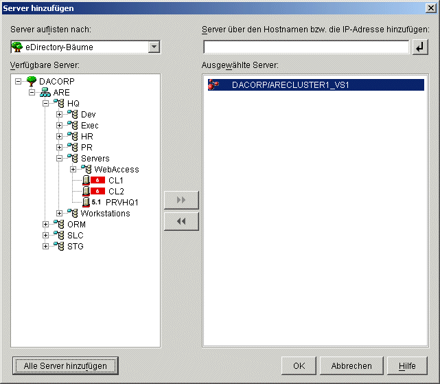 Das Dialogfeld "Server hinzufgen" mit dem in der Liste "Ausgewhlte Server" hinzugefgten Cluster-Objekt.