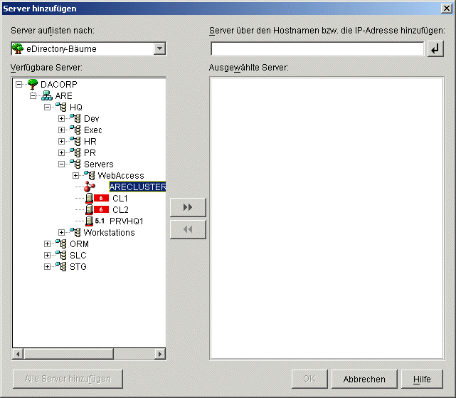 Das Dialogfeld "Server hinzufgen" mit dem in der Baumstruktur sichtbaren Cluster-Objekt.