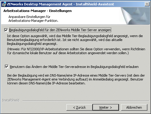 Die Seite "Arbeitsstations-Manager-Einstellungen" mit den verfgbaren Funktionen des Installationsassistenten fr den ZENworks Desktop Management-Agenten.