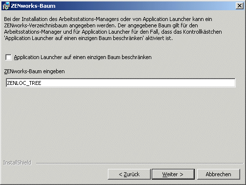 Die Seite "ZENworks-Baum" des Installationsassistenten fr den ZENworks Desktop Management-Agenten.
