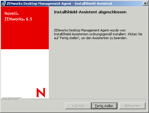 Die Abschlussseite des Installationsassistenten fr den ZENworks Desktop Management-Agenten.