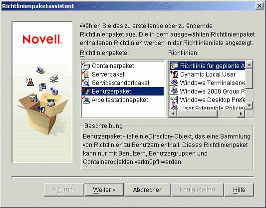 Seite fr die Richtlinienpaketauswahl im Richtlinienpaketassistenten