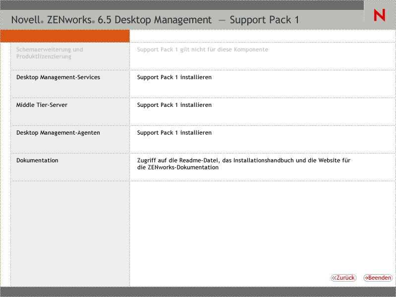 Die Seite "Novell ZENworks 6.5 Desktop Management" des ZENworks-Installationsassistenten. Diese Seite enthlt Optionen fr Schemaerweiterungen und die Produktlizenzierung, Desktop Management-Services, Middle Tier Server, Desktop Management-Agenten sowie Dokumentationen.