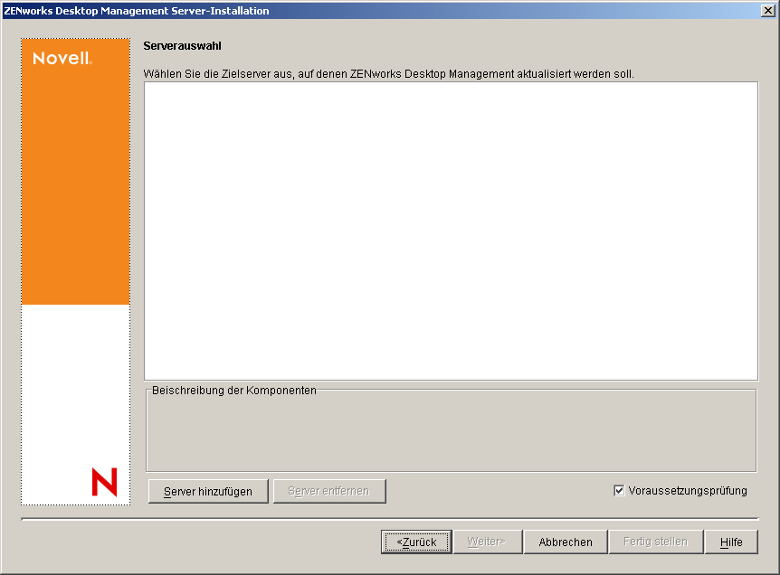 Die Seite "Serverauswahl" des Installationsassistenten von ZENworks Desktop Management Server.