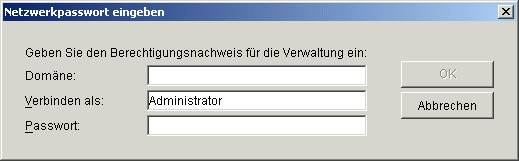Beglaubigungsdialogfeld, das angezeigt wird, nachdem auf "Nicht aufgefhrten Baum durchsuchen" geklickt wurde. Diese Option wird im Dialogfeld "Server hinzufgen" bei der Installation von Middle Tier Server im Microsoft Active Directory-Modus angezeigt.
