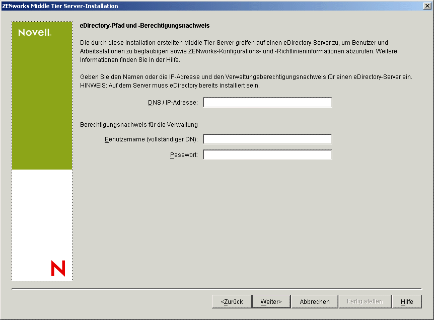 Die Seite "Primrer eDirectory-Pfad und -Berechtigungsnachweis" des Installationsassistenten von ZENworks Middle Tier Server.