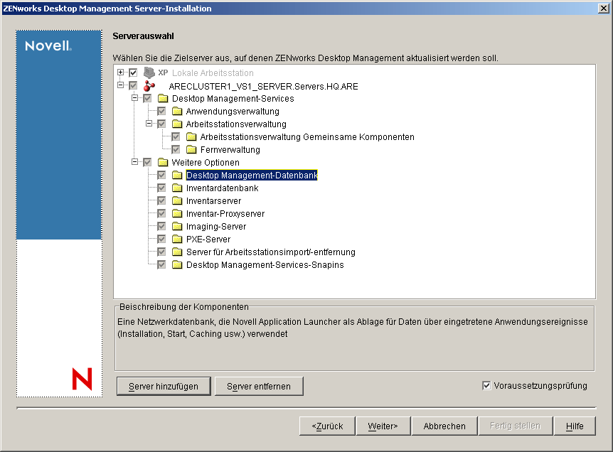 Die Seite "Serverauswahl" des Installationsassistenten von ZENworks Desktop Management-Services. Die verfgbaren Desktop Management-Komponenten sind als Installationsoptionen angegeben.
