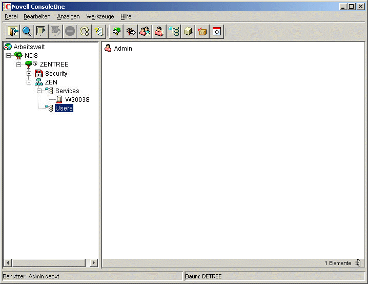 ConsoleOne ist geöffnet. Man sieht das ZENTREE-Objekt, das Admin-Benutzerobjekt und das Serverobjekt.