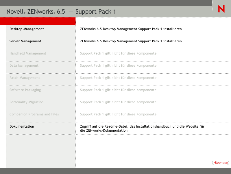 Die erste Seite des ZENworks-Installationsprogramms mit den allgemeinen Installationsoptionen.