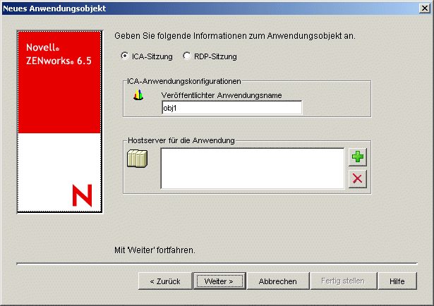 "Neues Anwendungsobjekt" > Dialogfeld "ICA-/RDP-Sitzung"