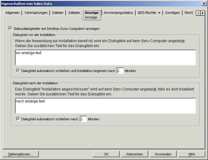 Eigenschaftsseite des Anwendungsobjekts