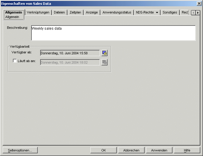 Eigenschaftsseite des Anwendungsobjekts