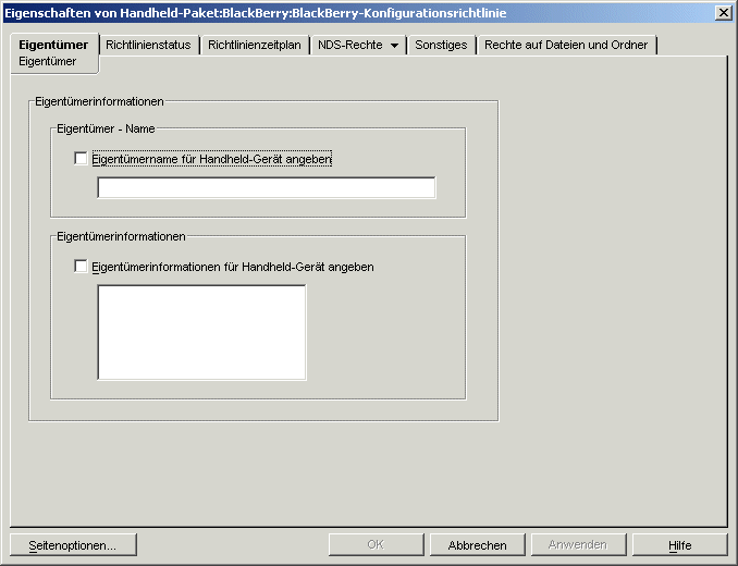 Seite "Eigentmer" der BlackBerry-Konfigurationsrichtlinie