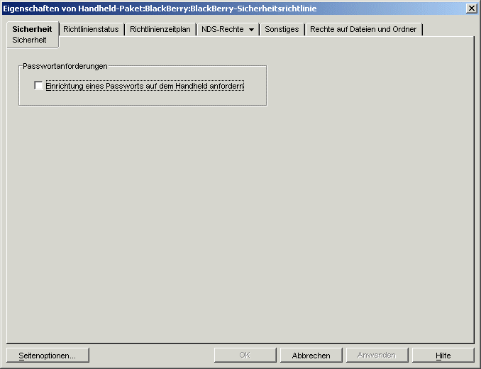 Seite "Sicherheit" der BlackBerry-Sicherheitsrichtlinie
