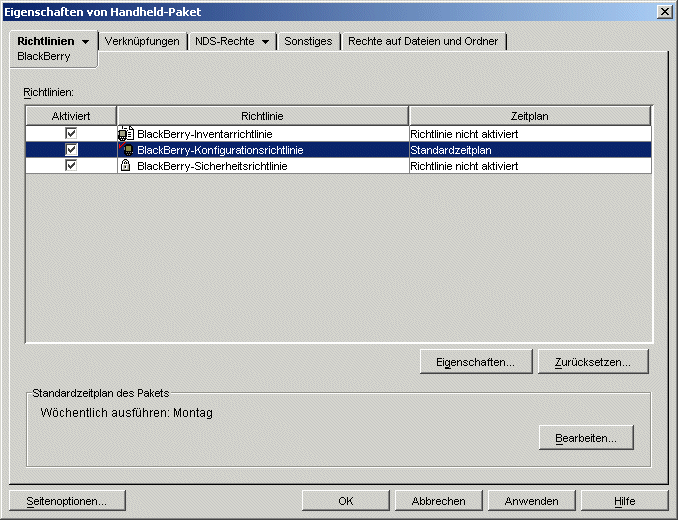 Eigenschaftsseite fr Handheld-Paket mit ausgewhlter BlackBerry-Konfigurationsrichtlinie