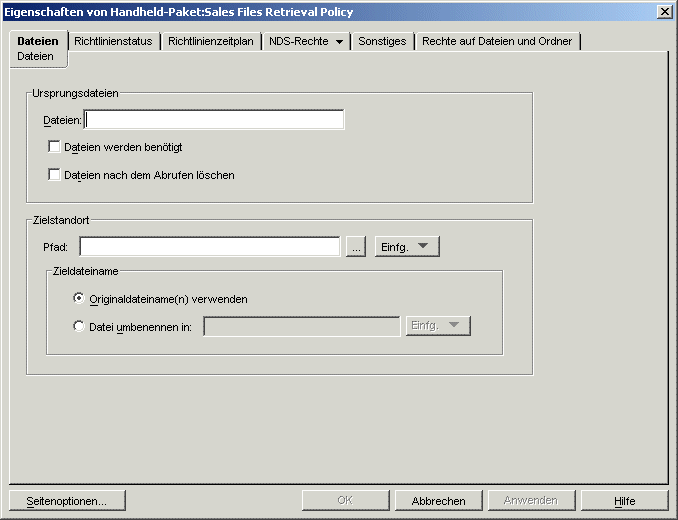Dialogfeld "Eigenschaften des Handheld-Pakets: Dateiabrufrichtlinie" mit angezeigter Seite "Dateien"