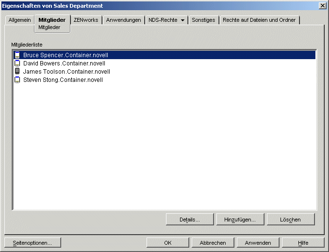 Dialogfeld fr Eigenschaften des Gruppenobjekts mit angezeigter Seite "Mitglieder"