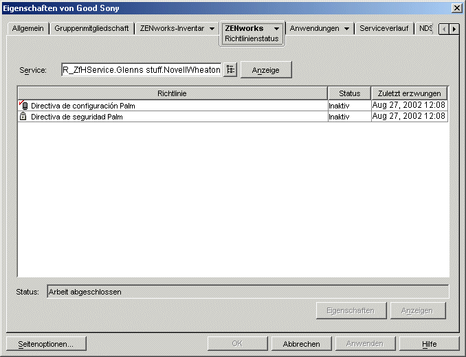 Eigenschaften eines Handheld-Gerteobjekts mit Anzeige des Richtlinienstatus