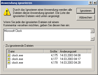 Dialogfeld "Anwendung ignorieren"
