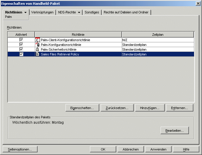 Eigenschaftsseite fr Handheld-Paket mit angezeigter neu erstellter Dateiabrufrichtlinie