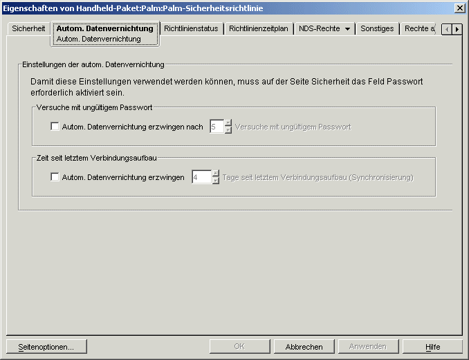 Seite "Autom. Datenvernichtung"