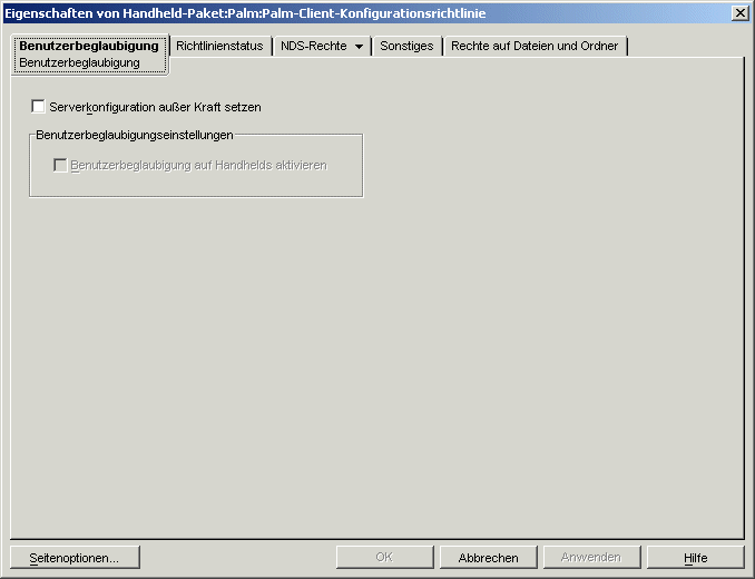 Seite "Benutzerbeglaubigung" der Palm-Client-Konfigurationsrichtlinie