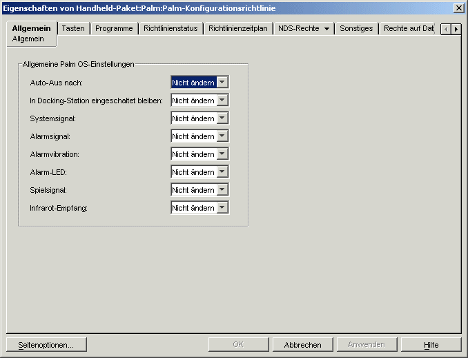 Palm-Konfiguration: Seite "Allgemein"