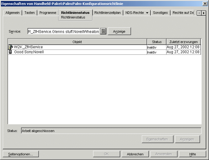 Dialogfeld "Eigenschaften des Handheld-Pakets" mit angezeigter Seite "Richtlinienstatus"