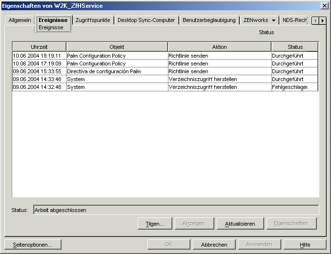 Eigenschaften eines ZENworks Handheld Management-Serviceobjekts mit angezeigter Seite "Ereignisse"