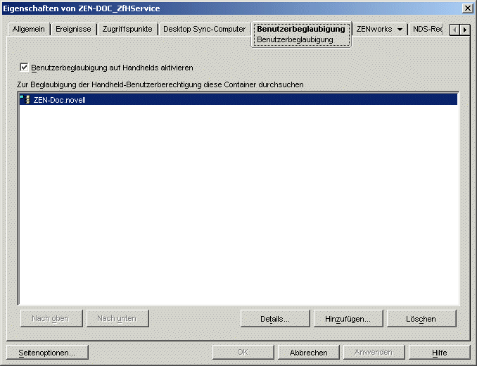 Dialogfeld fr Eigenschaften des ZENworks Handheld Management-Serviceobjekts mit angezeigter Seite "Benutzerbeglaubigung"