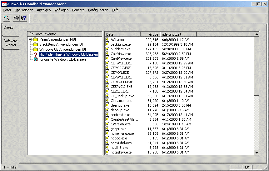 Seite "Software-Inventar" mit hervorgehobenem Symbol "Nicht identifizierte Windows CE-Dateien"