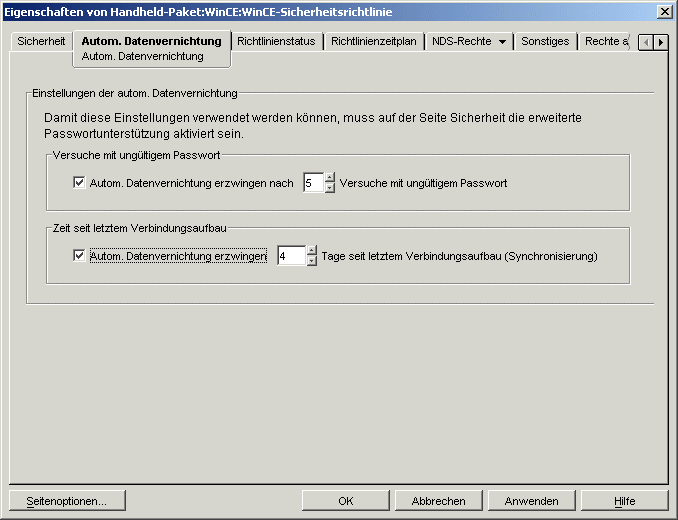 Seite "Autom. Datenvernichtung"