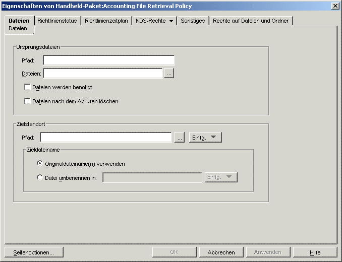 Dialogfeld "Eigenschaften des Handheld-Pakets: Dateiabrufrichtlinie" mit angezeigter Seite "Dateien"