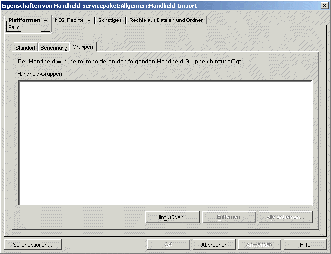 Dialogfeld "Eigenschaften des Handheld-Servicepakets" mit angezeigter Seite "Gruppen"