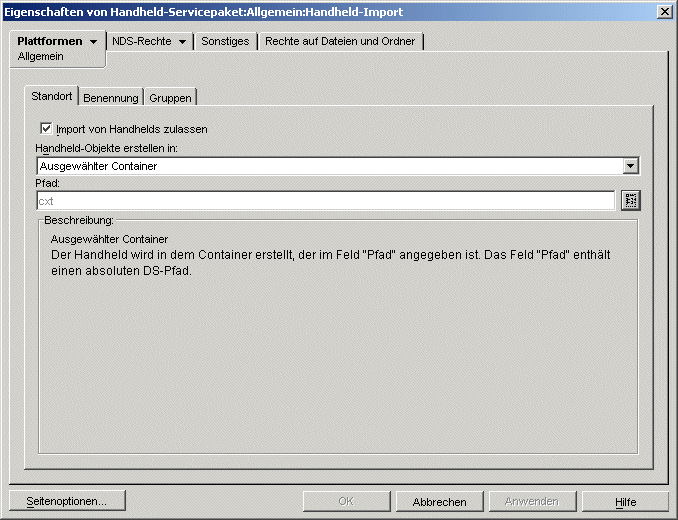 Dialogfeld "Eigenschaften des Handheld-Servicepakets" mit angezeigter Seite "Allgemein".