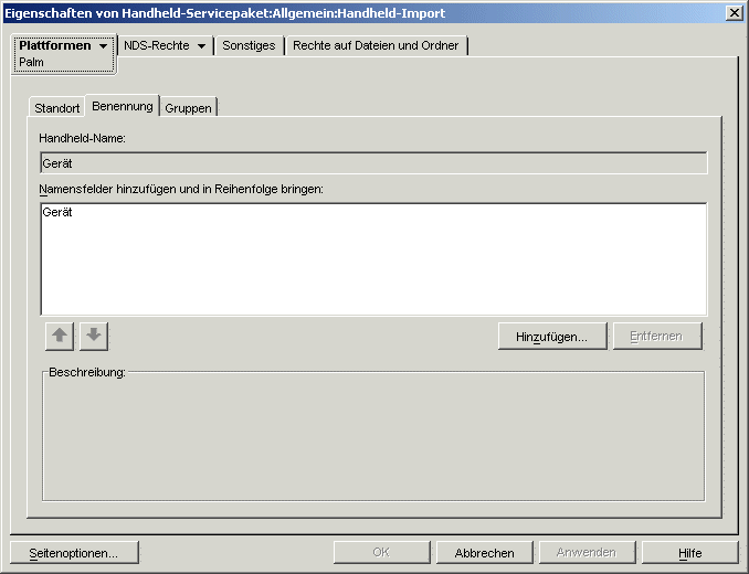 Dialogfeld "Eigenschaften des Handheld-Servicepakets" mit angezeigter Seite "Benennung"