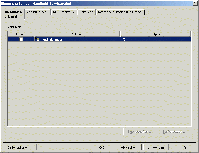 Eigenschaftsseite des Handheld-Servicepakets