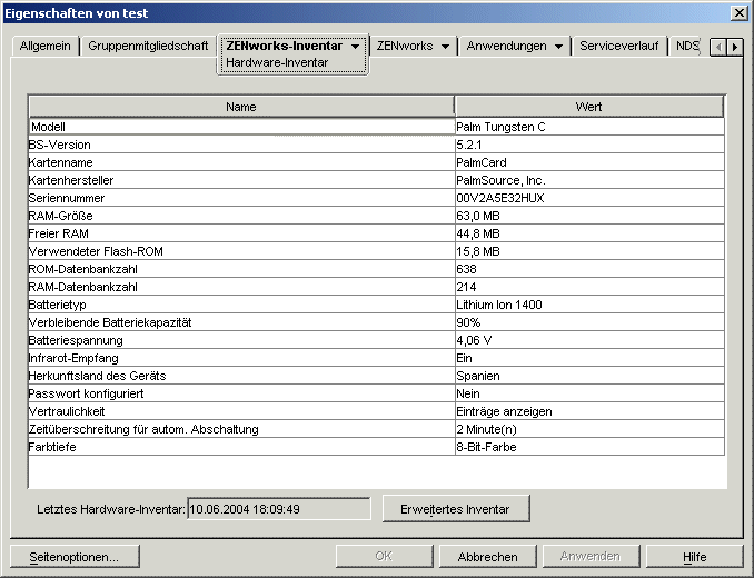 Seite eines Clients mit angezeigter Registerkarte "HW-Inventar"