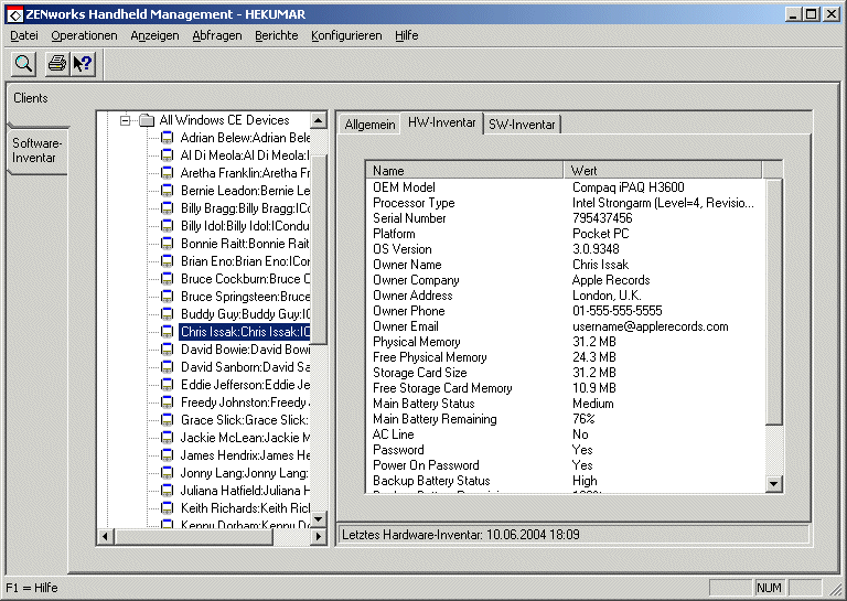 Registerkarte "HW-Inventar"