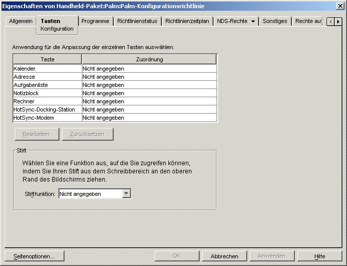 Seite "Tasten: Konfiguration"