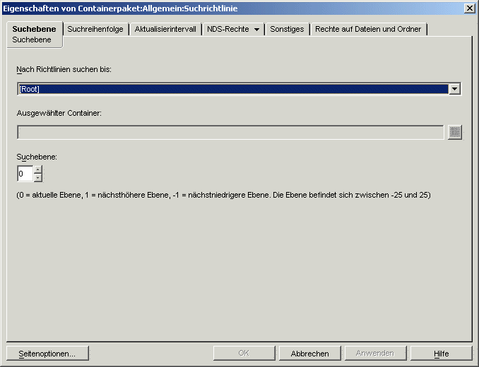 Dialogfeld fr Eigenschaften des Containerpakets mit angezeigter Seite "Suchebene"