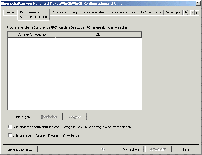 Seite "Startmen/Desktop" der WinCE-Konfigurationsrichtlinie