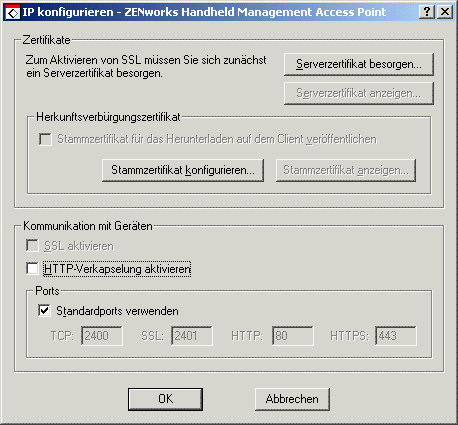 Dialogfeld "IP konfigurieren  ZENworks Handheld Management Access Point"