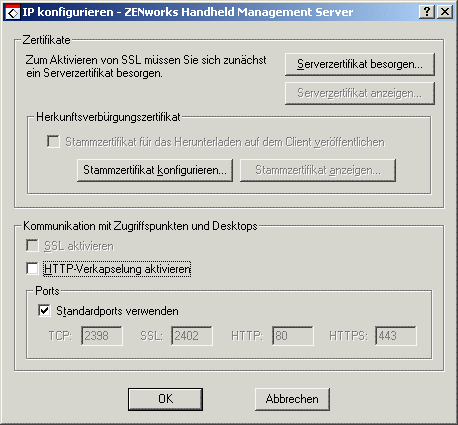 Dialogfeld "IP konfigurieren  ZENworks Handheld Management-Server"