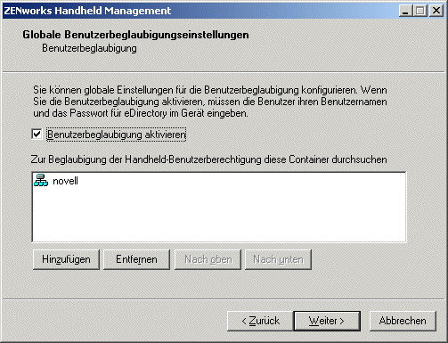 Seite "Globale Benutzerbeglaubigungseinstellungen"