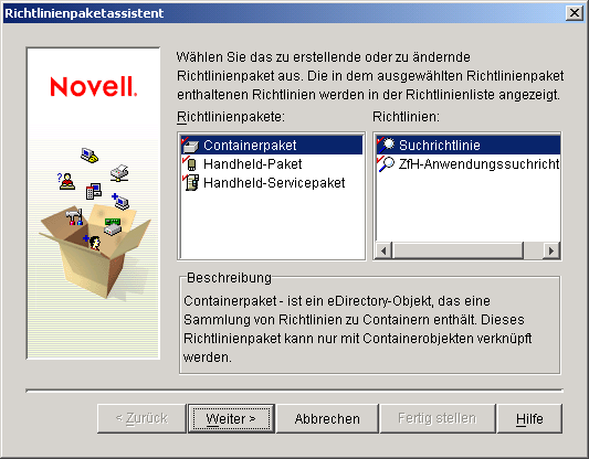 Seite des Richtlinienpaketassistenten