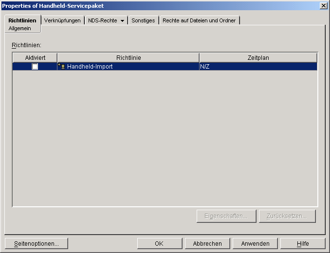 Eigenschaftsseite des Handheld-Servicepakets